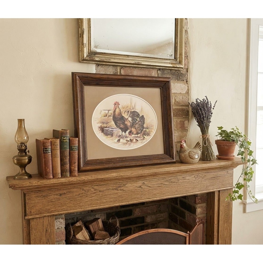 T.C. Morris Framed Rooster and Hen Farmhouse Lithograph Art 14.5x12